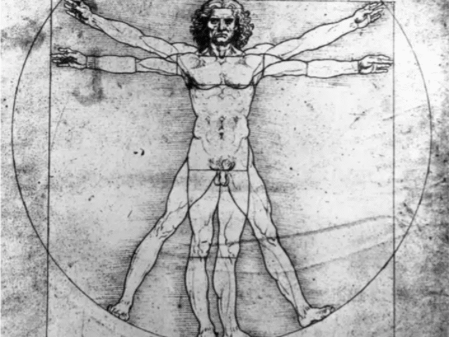 El dibujo interpreta las teorías de la proporción del cuerpo del arquitecto Vitruvio.